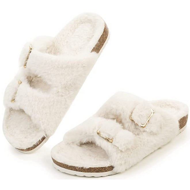 FITORY Faux Fur Open Toe Cork Slide Sandals