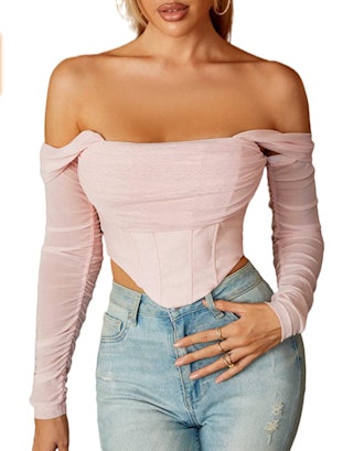 Mesh Sheer Long Sleeve Corset Crop Top