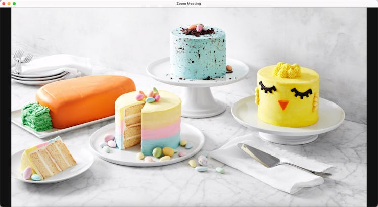 This Easter Zoom background includes cakes decorated in pastel colors