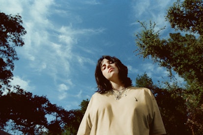 Billie Eilish posing in her very own designed oversized ''Mushroom'' hoodie with the sky and trees i...