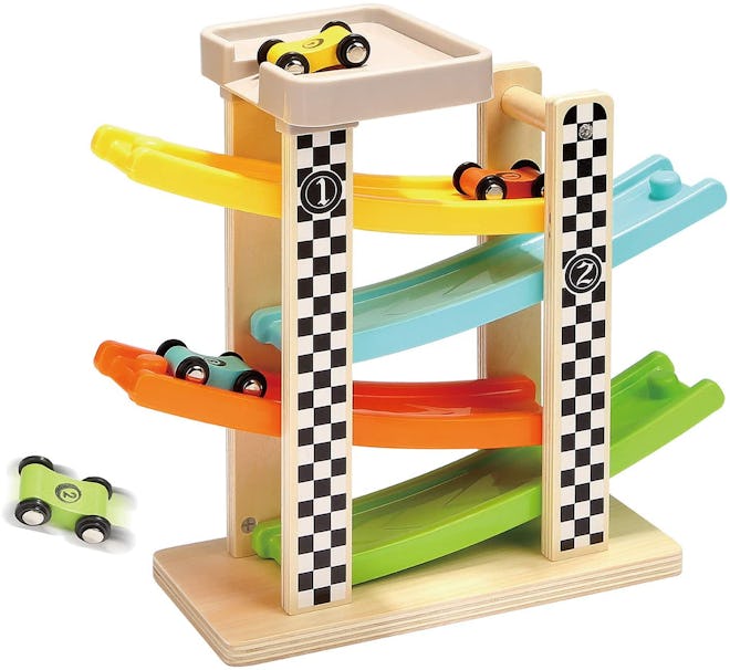 Montessori toys for 1 year olds, wooden race track with multi-level ramps