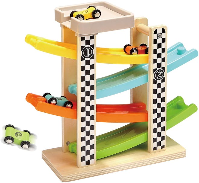 Montessori toys for 1 year olds, wooden race track with multi-level ramps