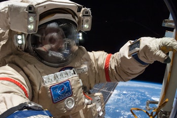 cosmonaut Alexander Skvortsov on a spacewalk in 2014