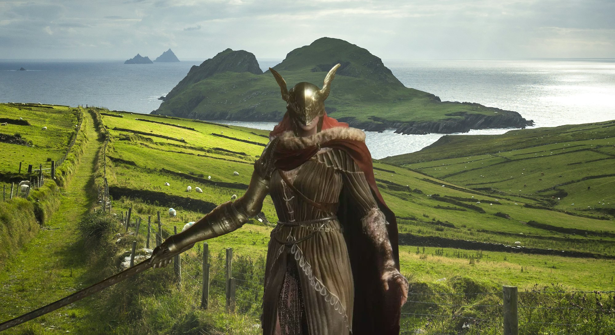 Elden Ring's Malenia stands in front of fields and mountains in Ireland.
