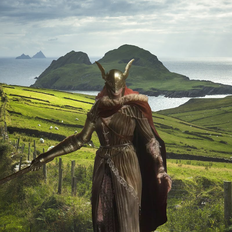 Elden Ring's Malenia stands in front of fields and mountains in Ireland.