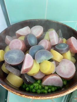 bowl of potatoes and peas for Emma Chamberlain's soup recipe