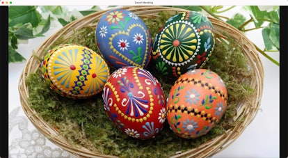 Five intricately painted eggs make up this Easter Zoom background