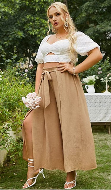 Simplee Women's Elegant Striped Split High Waisted Belted Flowy Wide Leg Pants