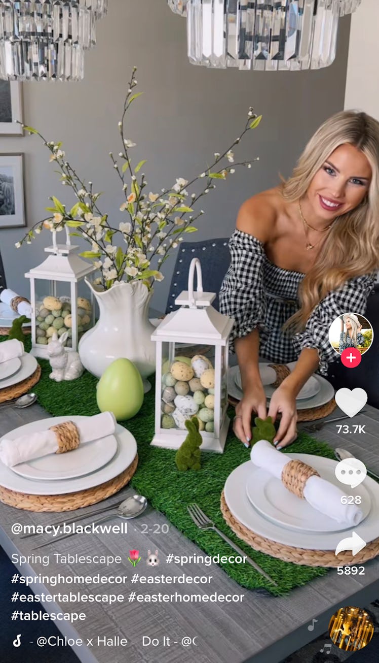 A woman shows off her Easter tablescape as part of Easter decor for your home on TikTok. 