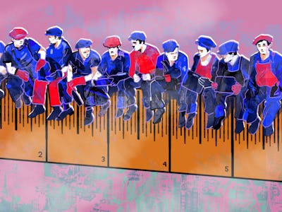 Illustration of workers sitting on a wooden fence
