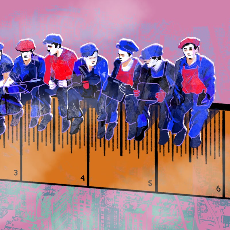 Illustration of workers sitting on a wooden fence