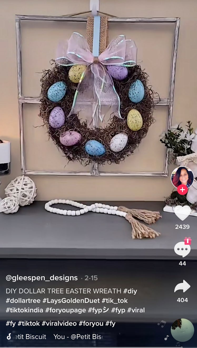 A woman shows off Easter decor for your home on TikTok like an Easter wreath. 