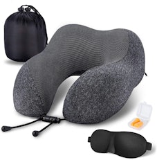 Travel Neck Pillow With 3D Contoured Eye Masks, Earplugs, And Luxury Bag