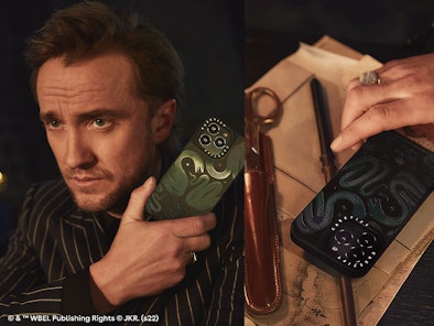 Tom Felton from the 'Harry Potter' films shows off the new CASETiFY and 'Harry Potter' collection. 