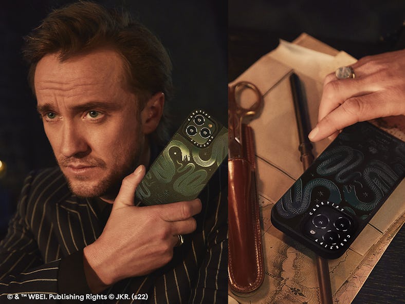 Tom Felton from the 'Harry Potter' films shows off the new CASETiFY and 'Harry Potter' collection. 