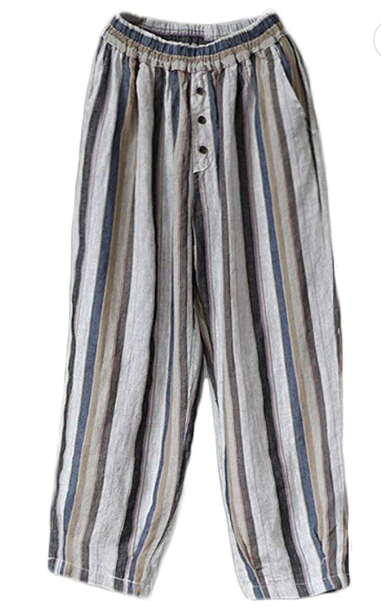 LaovanIn Women's Striped Wide-Leg Cropped Pants Linen Capri Harem Casual Trousers