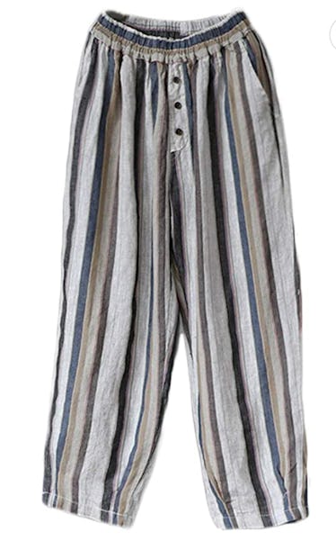 LaovanIn Women's Striped Wide-Leg Cropped Pants Linen Capri Harem Casual Trousers