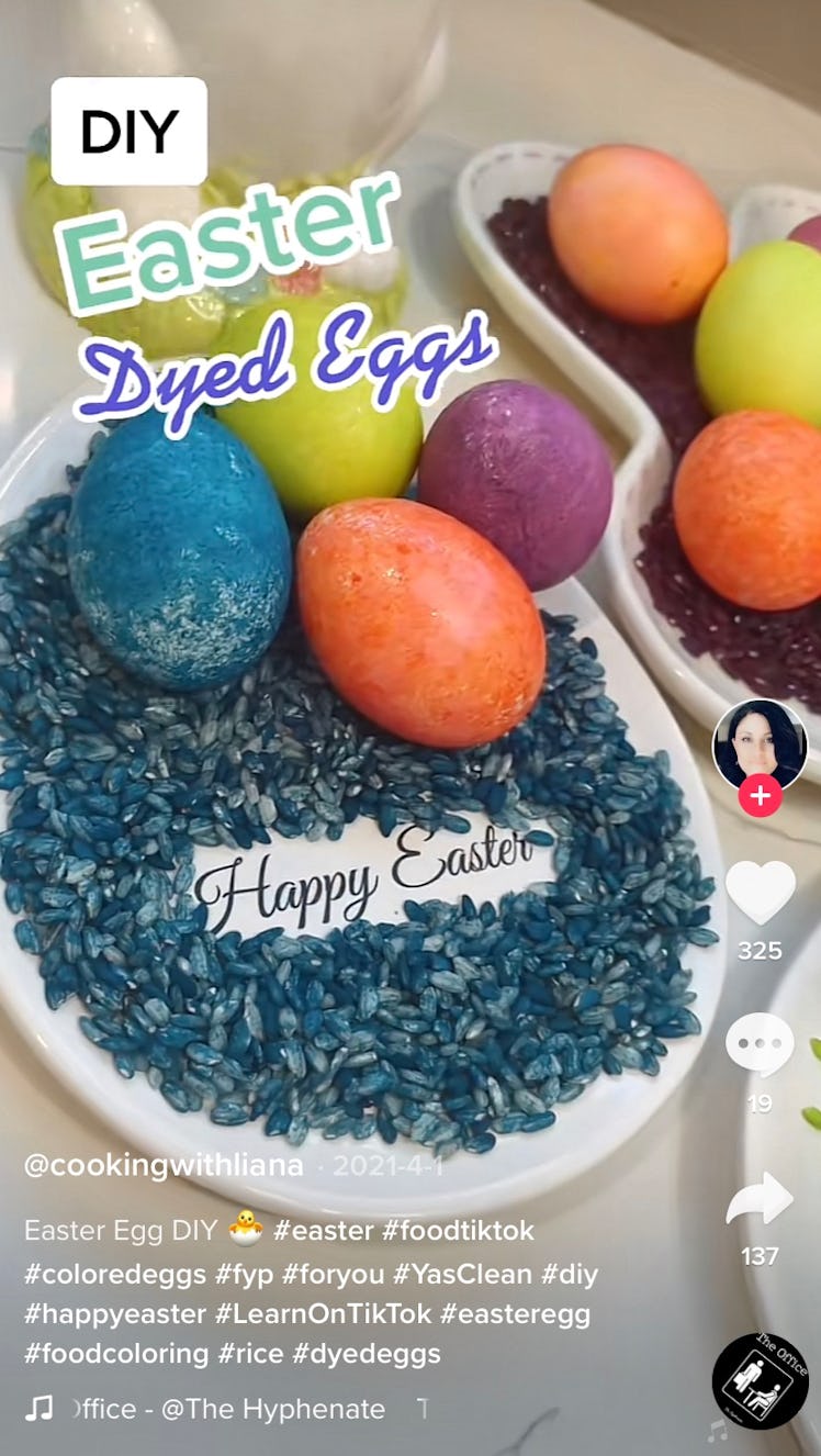 A woman shows off Easter egg coloring ideas and designs on TikTok with rice. 
