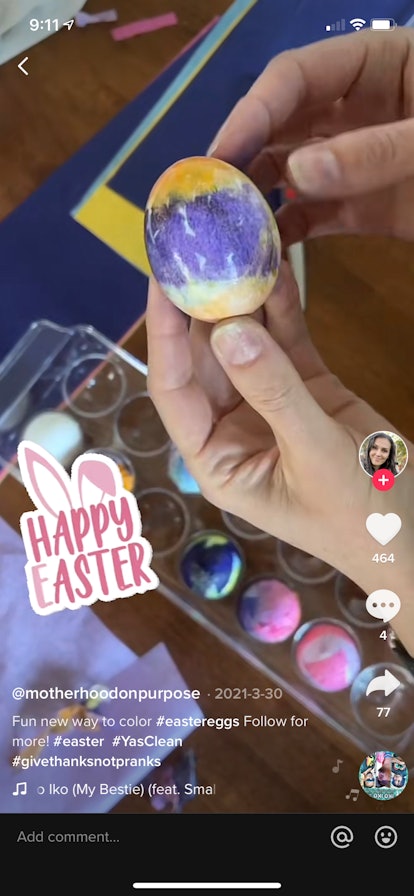 A woman shows Easter egg coloring ideas and designs on TikTok with tissue paper. 