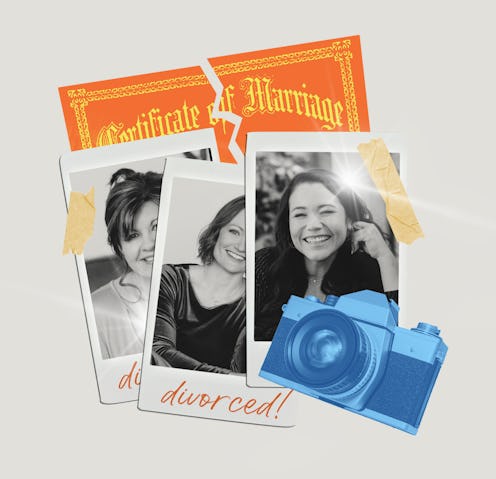 Picture of three woman who have had a divorce photo shoot in front of a ripped up certificate of mar...