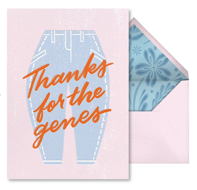 This Mother's Day Ecard features a cute blue jeans design and reads "Thanks for the genes."