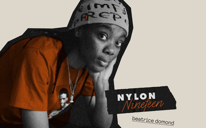 Skater and filmmaker Beatrice Domond in a skater hat and orange T-shirt