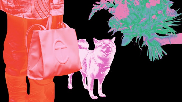 An abstract collage of a woman holding a bag, a dog and a bouquet of flowers