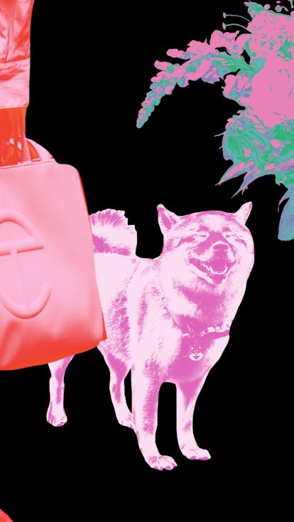 An abstract collage of a woman holding a bag, a dog and a bouquet of flowers