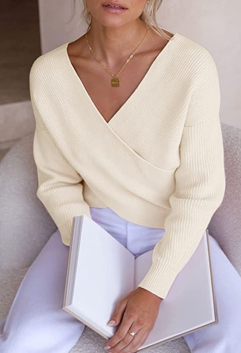 ZCSIA Women's Long Sleeve Wrap V Neck Pullover Sweater