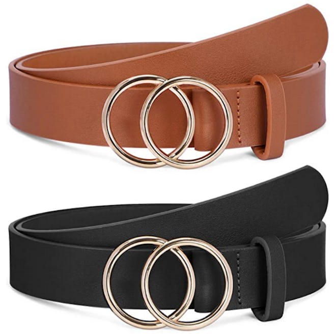 SANSTHS Faux Leather Double O-Ring Buckle Belt (2-Pack)