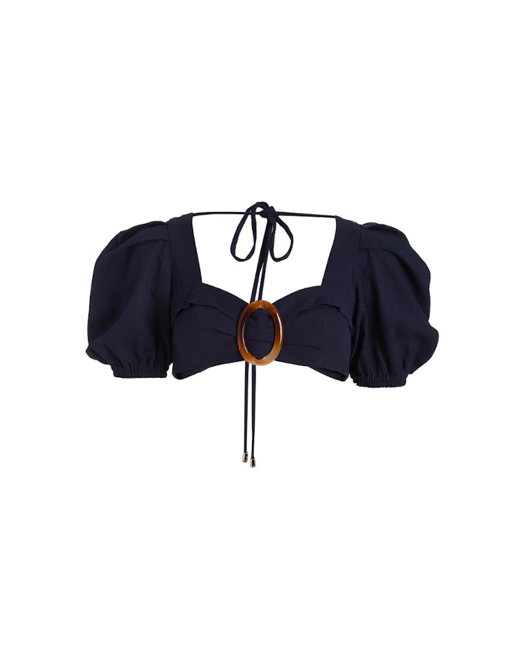 2022 vacation trends matching sets navy linen puff sleeve crop top