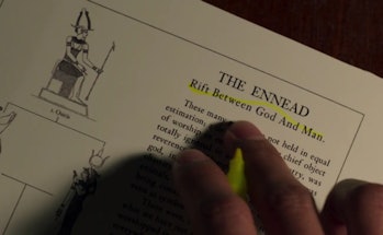 Steven Grant researches the Ennead in Moon Knight Episode 1.