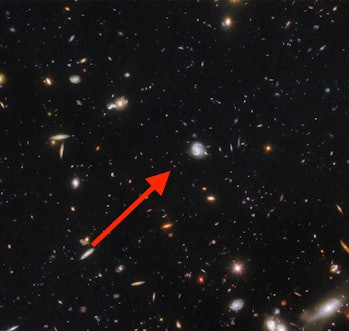 a red arrow pointing to a small red object in the midst of a field of galaxies