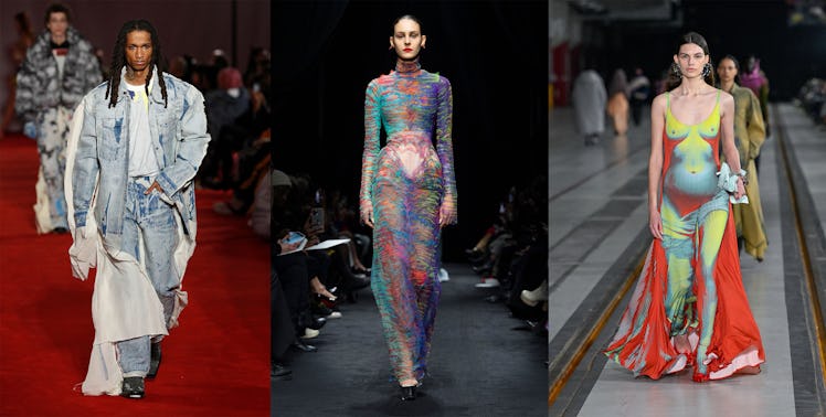 Collage of models walking in Diesel, Jean Paul Gaultier Couture, and Y/Project outfits