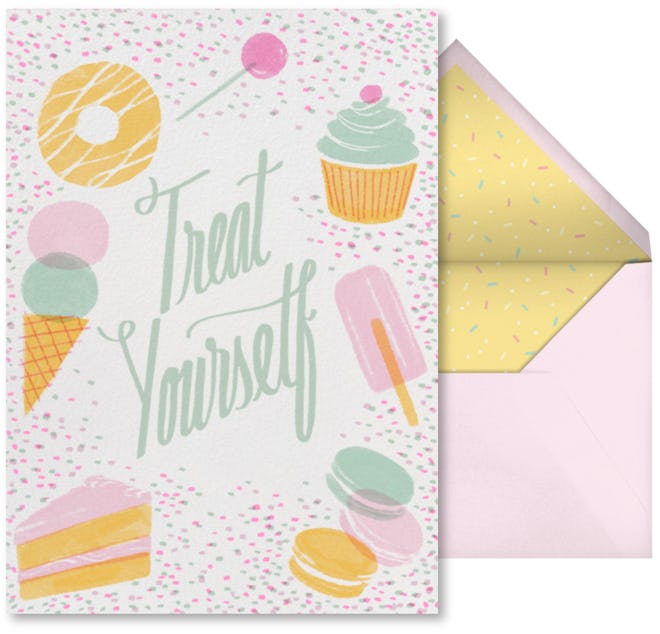 This Mother's Day Ecard has a donut and cupcakes design and reads, "Treat yourself" on the front.