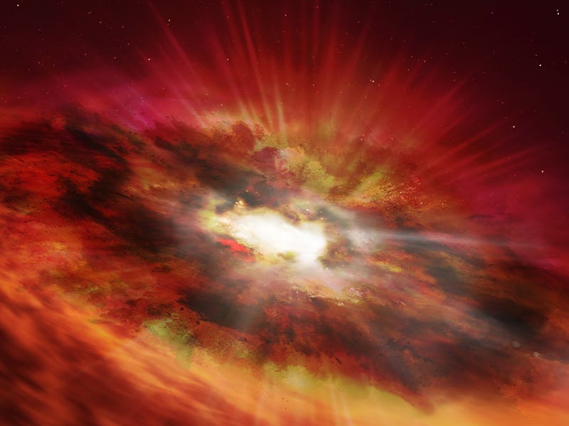 image of a bright object radiating among red and orange and yellow clouds of dust — illustration
