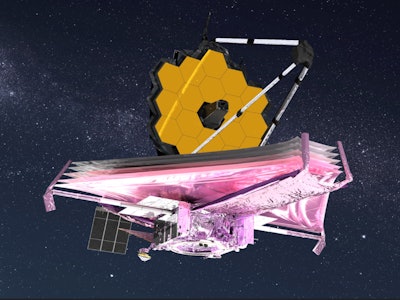 illustration of the james webb space telescope, which has a honeycomb-like mirror and a large boom j...