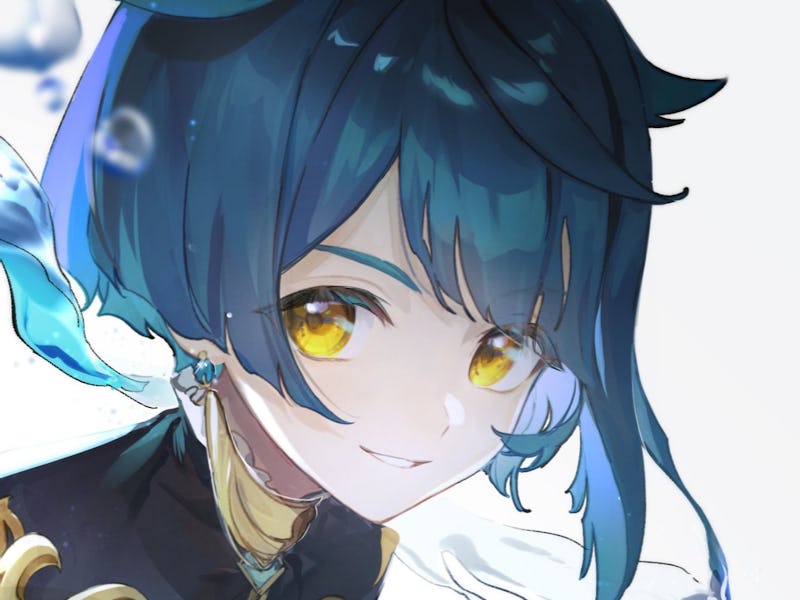 A character from Genshin Impact with blue hair and yellow eyes