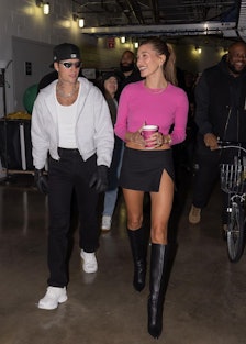 Justin and Hailey Bieber, who is a wearing a micro miniskirt