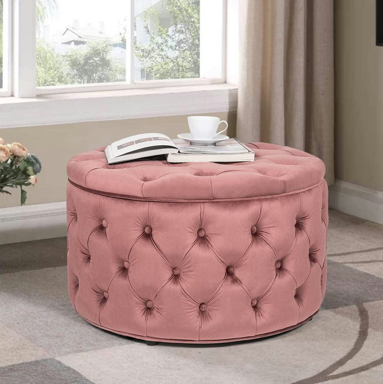 Homebeez Round Velvet Storage Ottoman