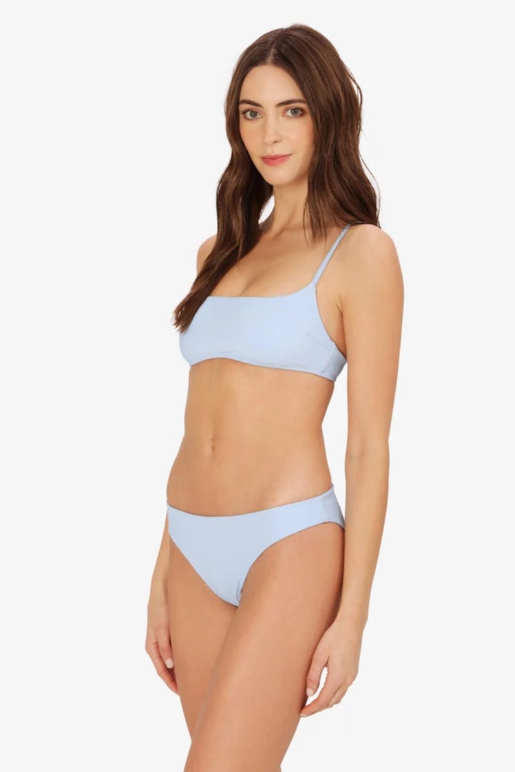 swimwear trends 2022 micro thin straps blue bikini top 