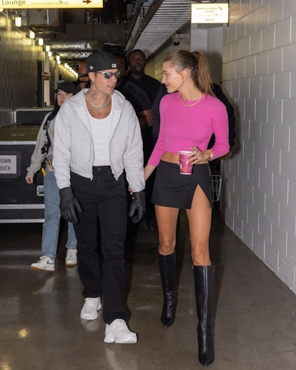 Justin and Hailey Bieber, who is wearing a micro miniskirt