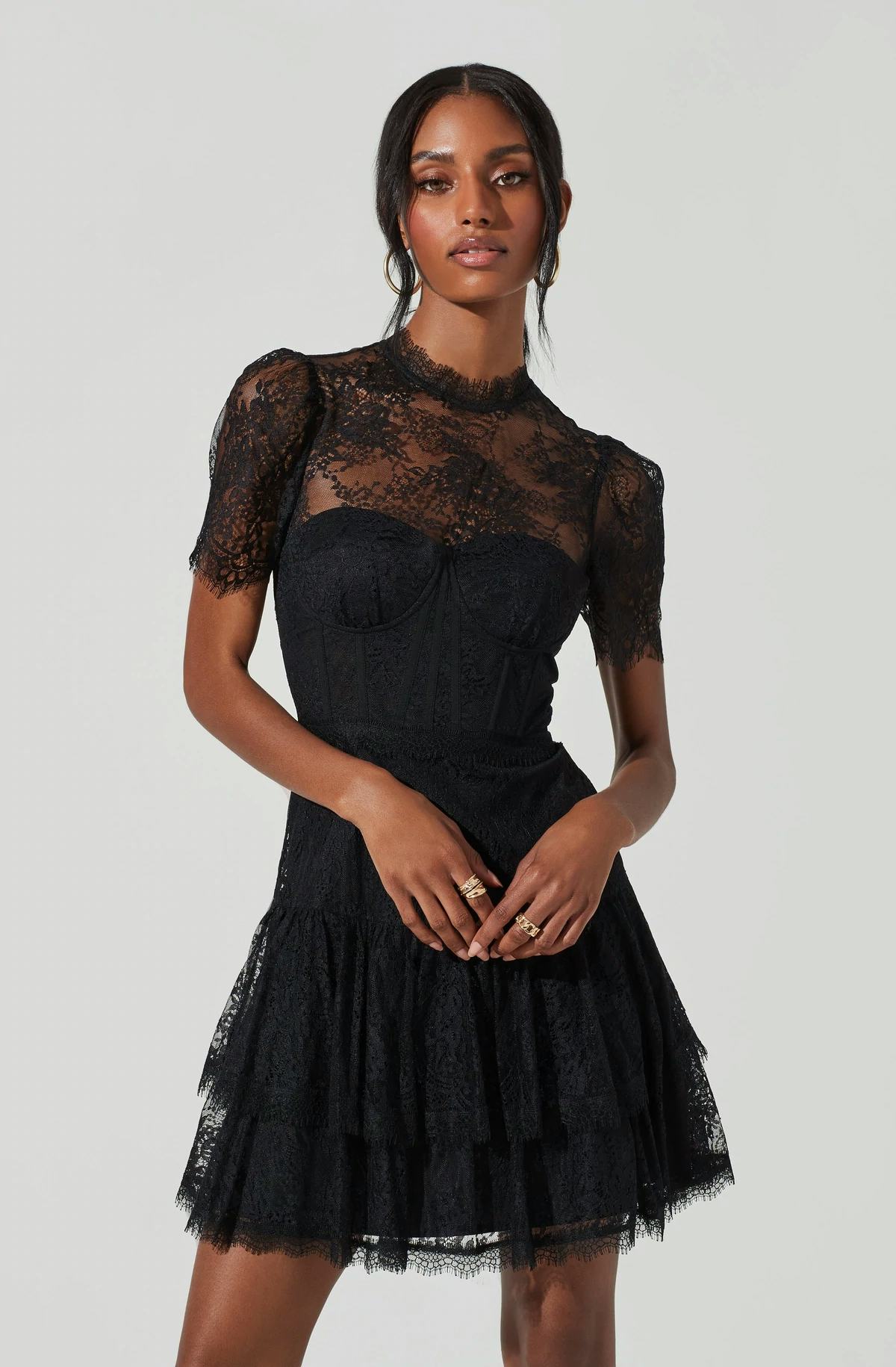Lelani Lace Bustier Mini Dress in Black