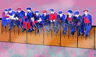 Illustration of eleven workers sitting on a wooden fence
