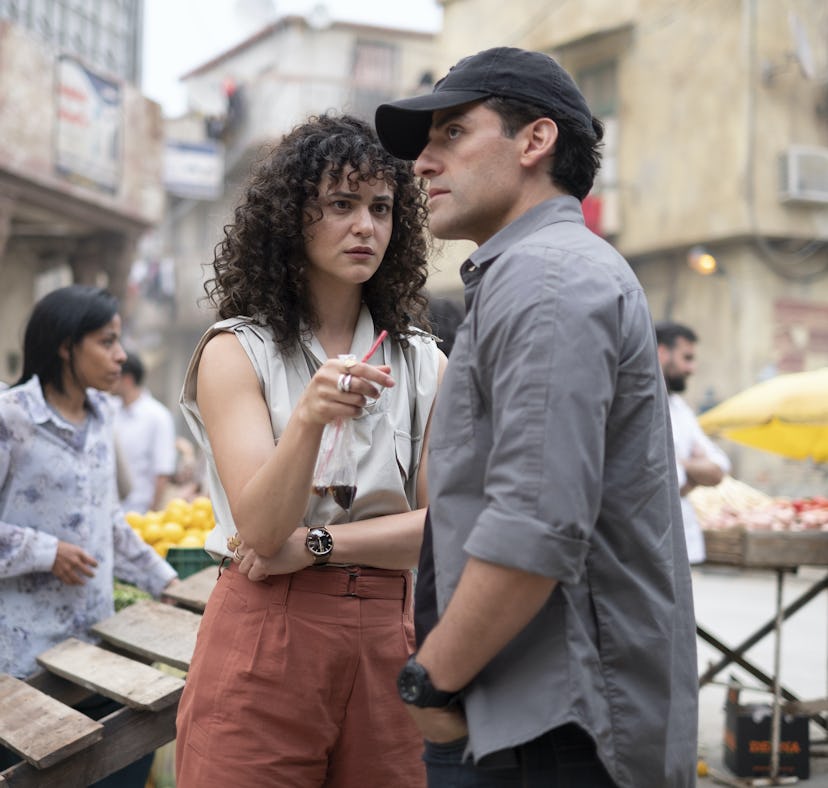 May Calamawy as Layla El-Faouly and Oscar Isaac as Marc Spector/Steven Grant