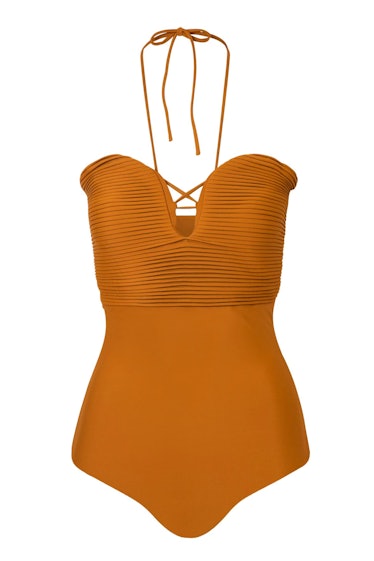 swimwear trends 2022 textured Mustard Acordeon One Piece