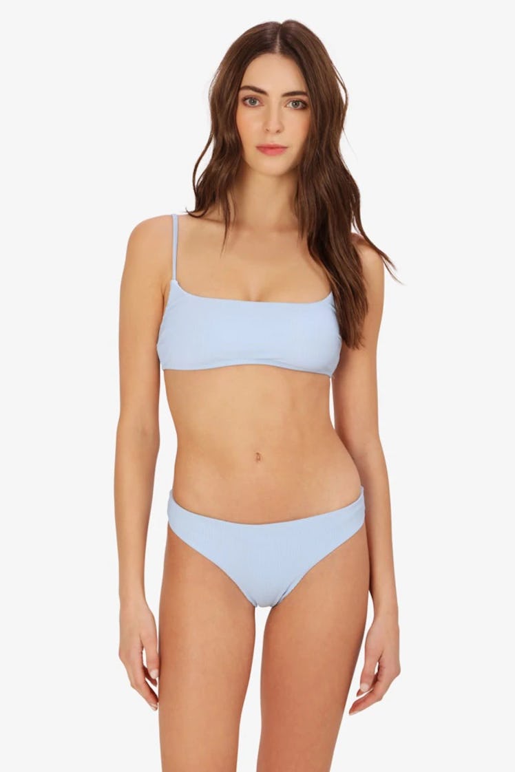 swimwear trends 2022 micro thin straps blue bikini bottoms 