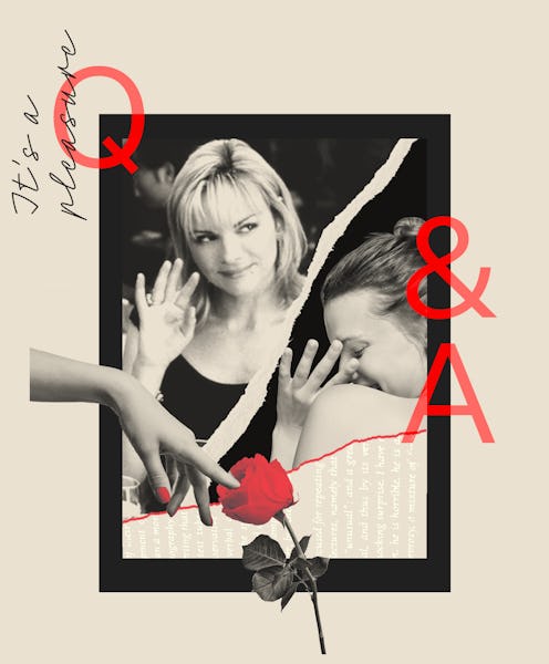 Samantha and Charlotte from sex and the city waving flirtatiously in the it's a pleasure border temp...