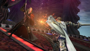 Final Fantasy XIV Endwalker scene with two characters fighting.