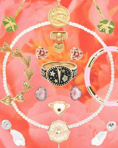 A collage of rings, bracelets, earrings and charms as ideas for Mother's Day gifts